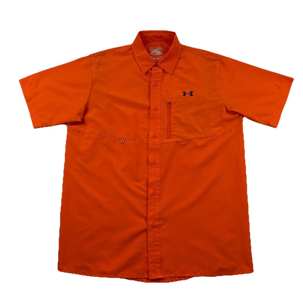 Under Armour Performance Button Up Shirt Mens M Orange Zip Pocket Vented